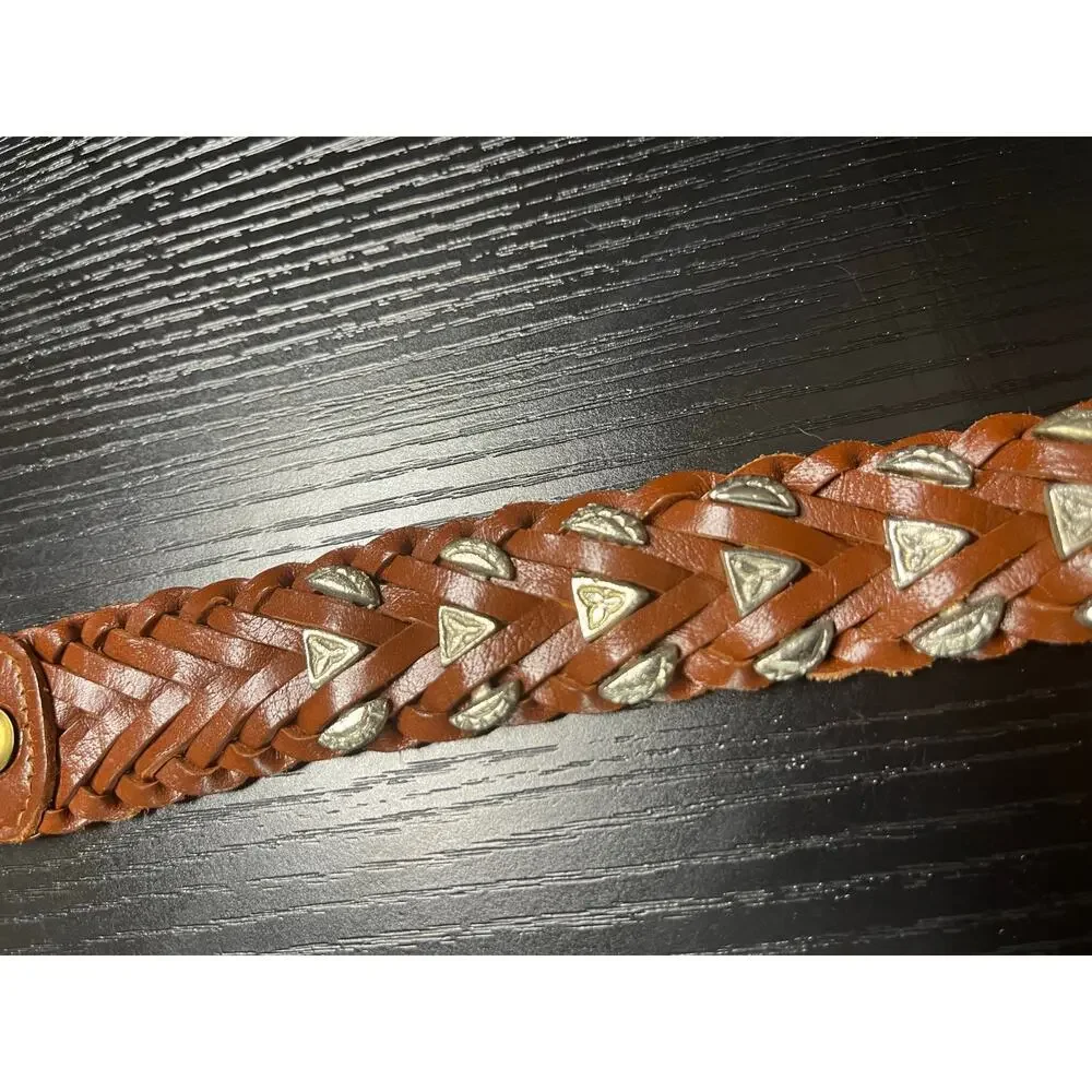 Unique Vintage Boho 90s Braided Leather Belt w/ Silver Metal Decorative Inserts